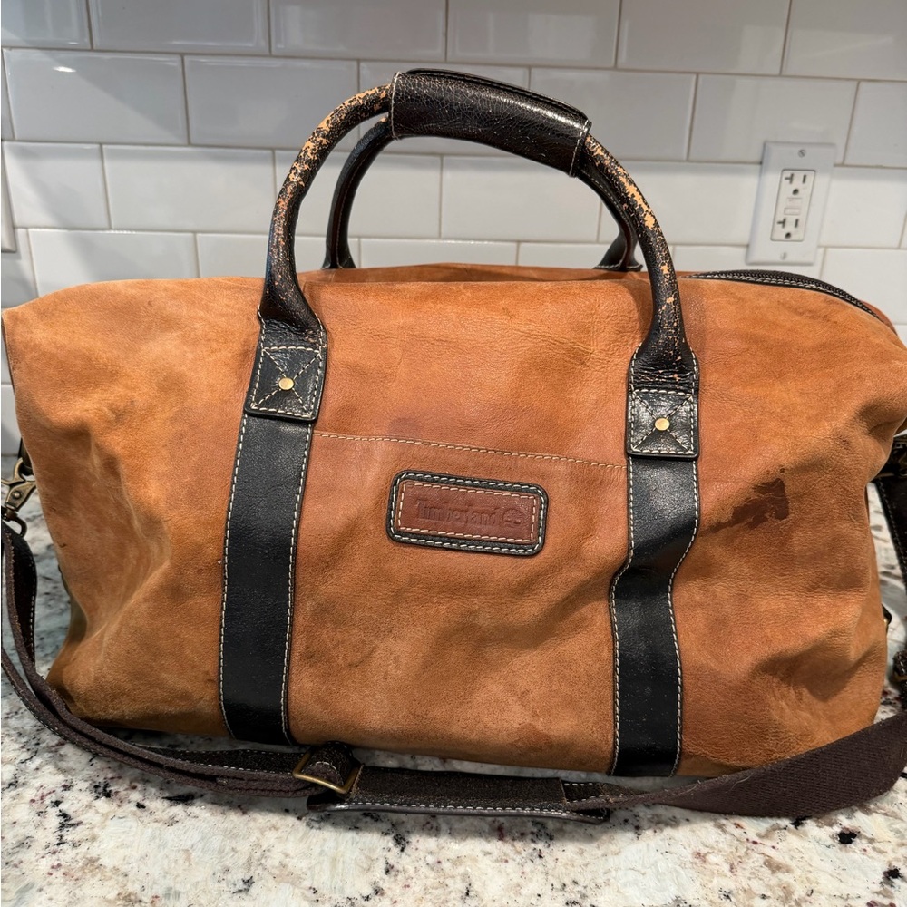 Timberland Tan and Black Leather Duffel Bag
